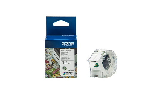 Brother CZ-1002 Full Colour Continuous Label Roll, 12mm wide, showcasing vibrant labels for various uses.